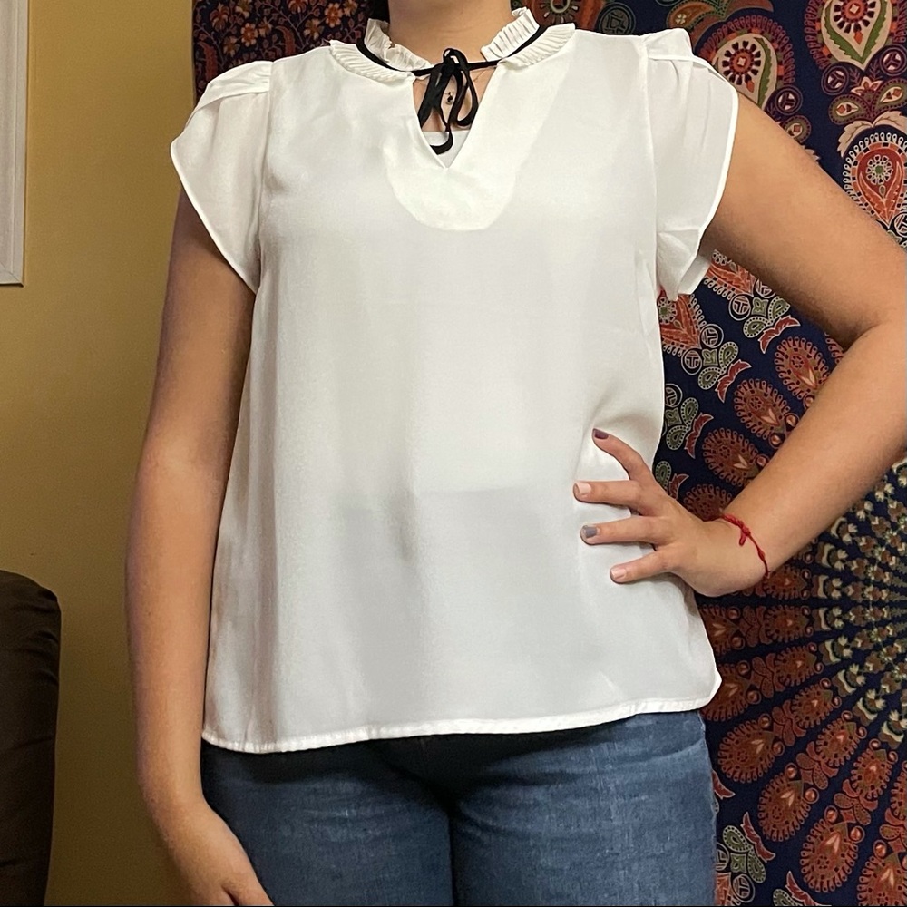 White High Neck Blouse w Black Tie